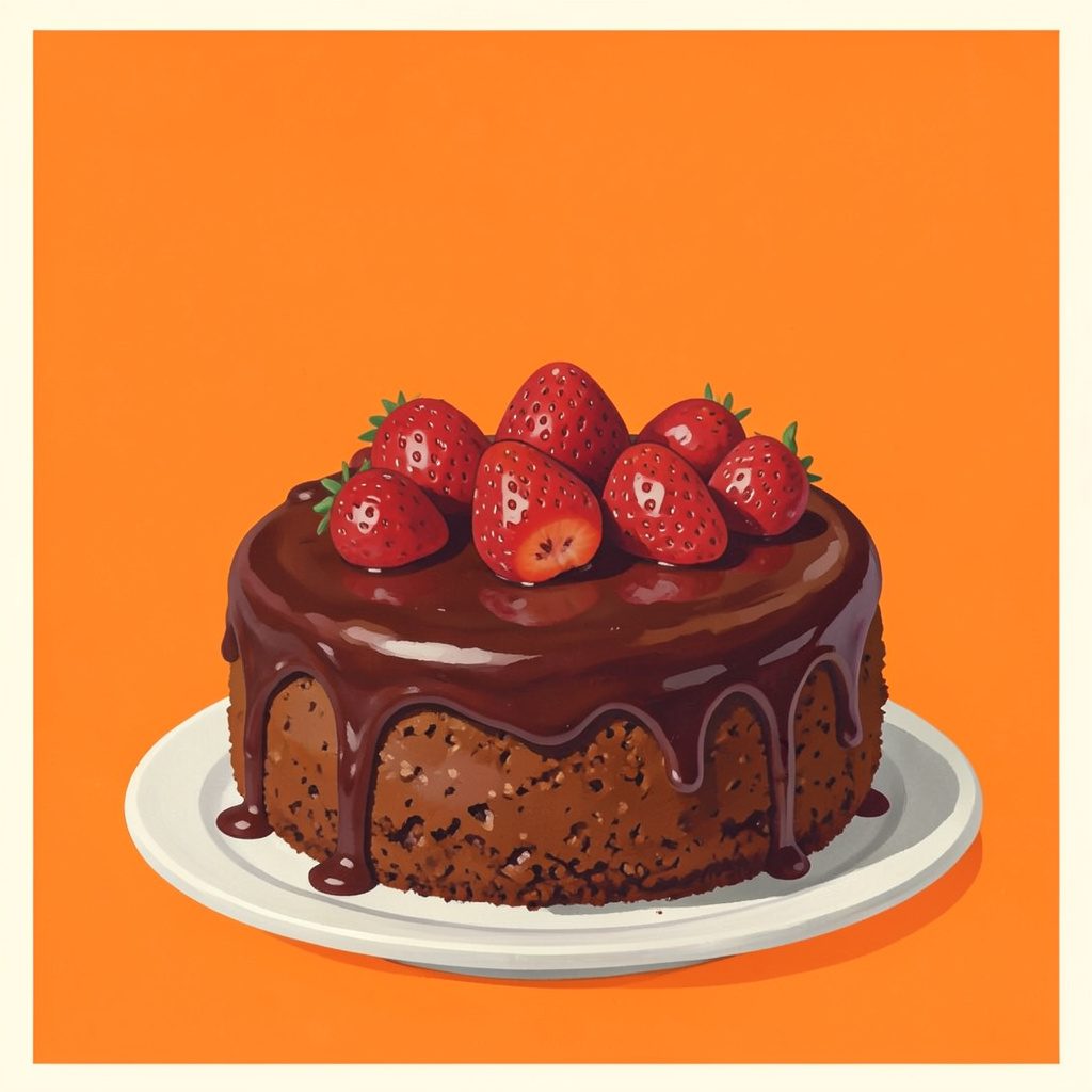 Torta de brigadeiro decorada com morangos, em tons de marrom e vermelho, aparência artesanal e convidativa