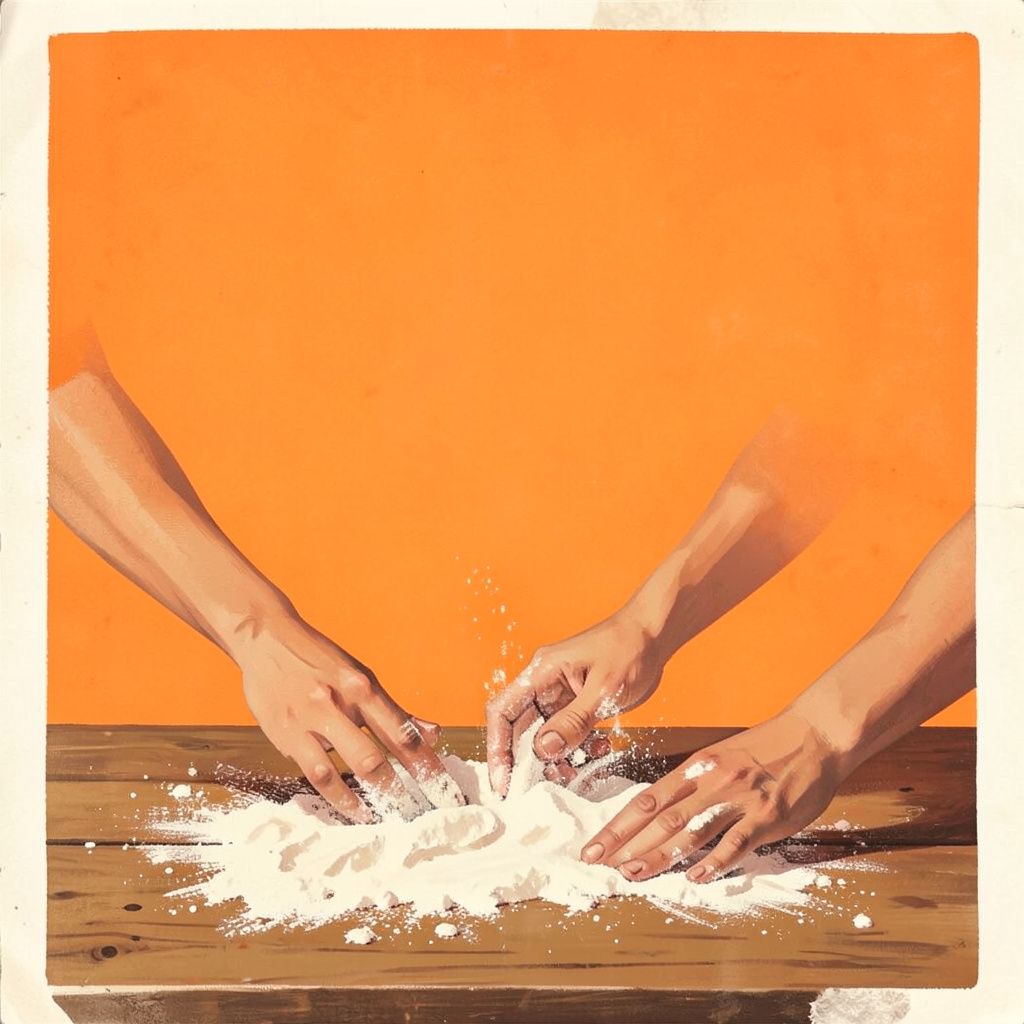 Pintura em guache mate de mãos polvilhando farinha sobre uma mesa de madeira, tons terrosos e creme, sensação artesanal