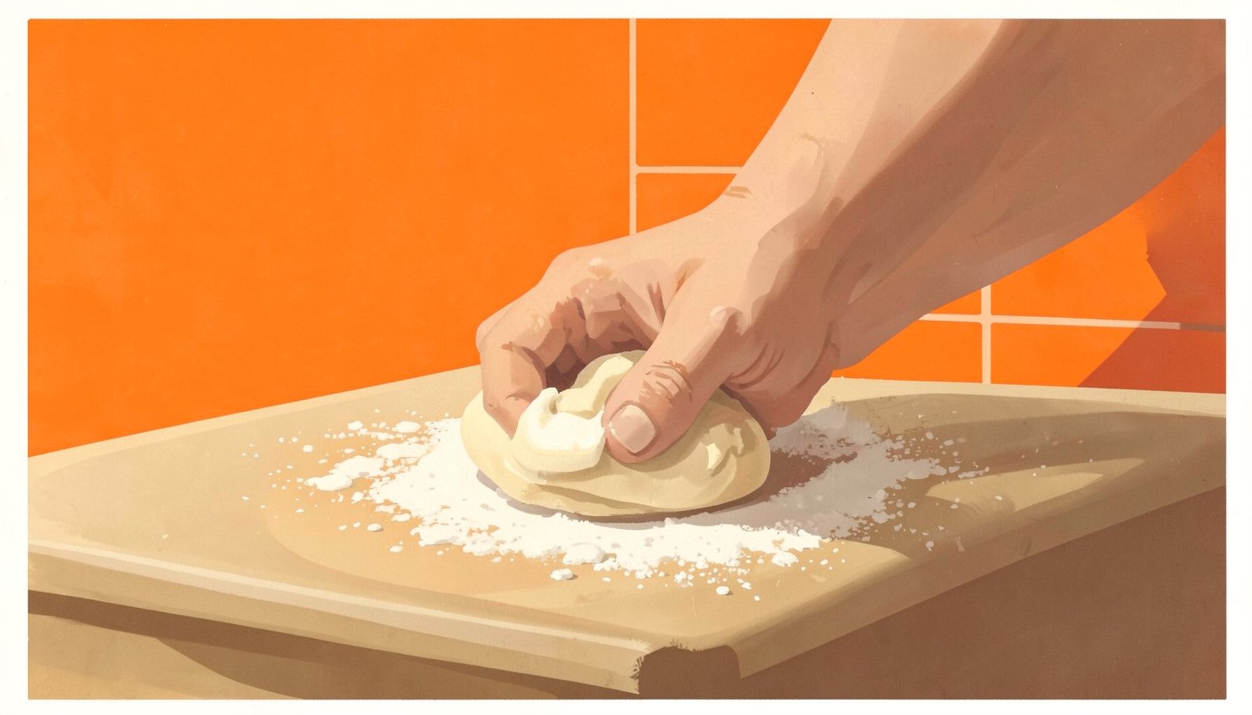 Pintura em guache mate de uma bancada de cozinha com massa fresca sendo modelada à mão, farinha polvilhada, tons suaves de bege e marrom claro, iluminação quente