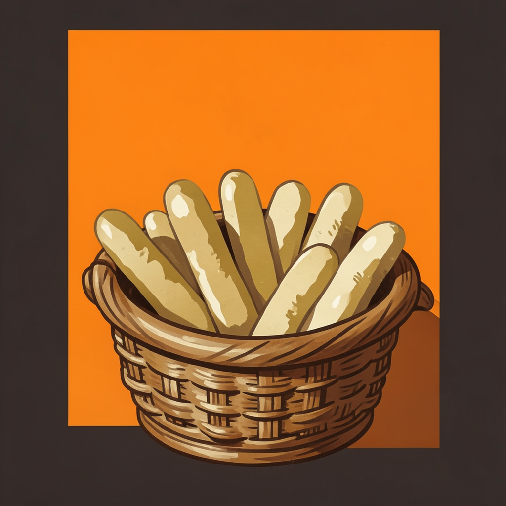 Pintura em guache mate de salgadinhos dourados em uma cesta de vime, tons de marrom, dourado e creme, fundo escuro suave