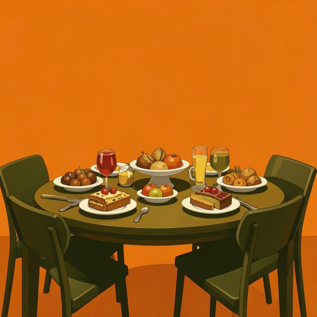 Pintura em guache mate de uma mesa de festa com travessas de salgados, tons de laranja queimado, dourado e verde-oliva, ambiente festivo